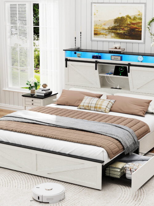 Miniyam Full Size Farmhouse Bed with Storage Headboard, USB & Type-C Ports, LED Lights, 2 Drawers for Adult, White