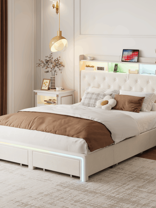 Miniyam Full Size LED Bed with Storage Drawers, Charging Ports, Velvet Headboard for Adults, Beige