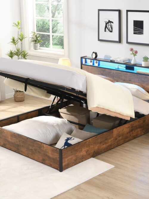 Miniyam Full Size Lift-Up Storage Bed with LED Lights, Charging Ports for Adult,Rustic Brown