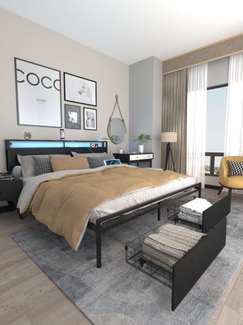 Miniyam King Size Bed with LED Lights, Storage Drawers, USB Charging Headboard for Adult, Black