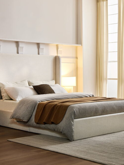 Miniyam King Size Wingback Bed with 54" High Upholstered Headboard for Adult, Ivory