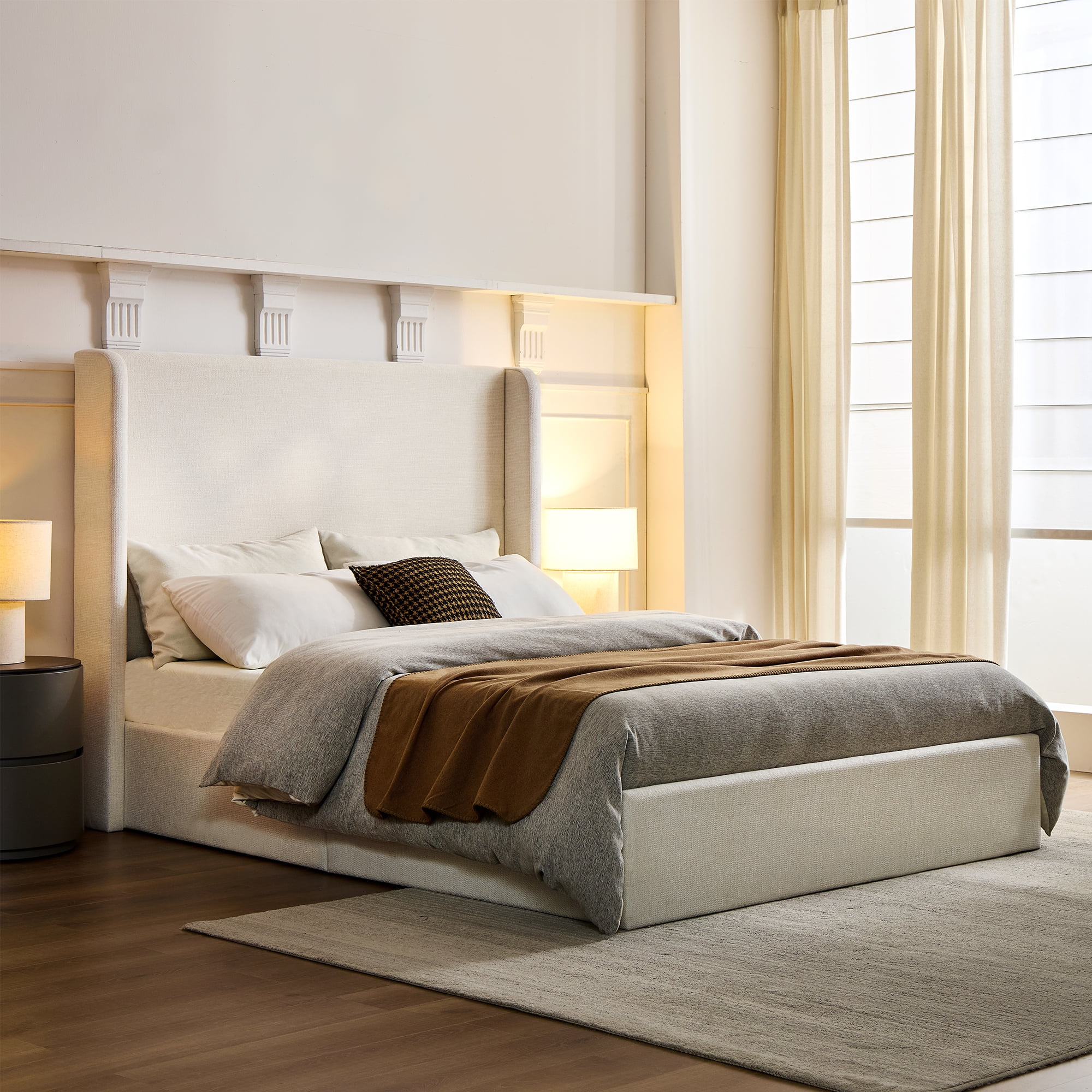 Miniyam King Size Wingback Bed with 54" High Upholstered Headboard for Adult, Ivory