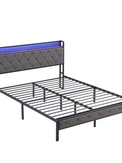 Miniyam Queen Size Upholstered Platform Bed Frame with 3 USB Ports & LED Lights for Adult, Light Gray