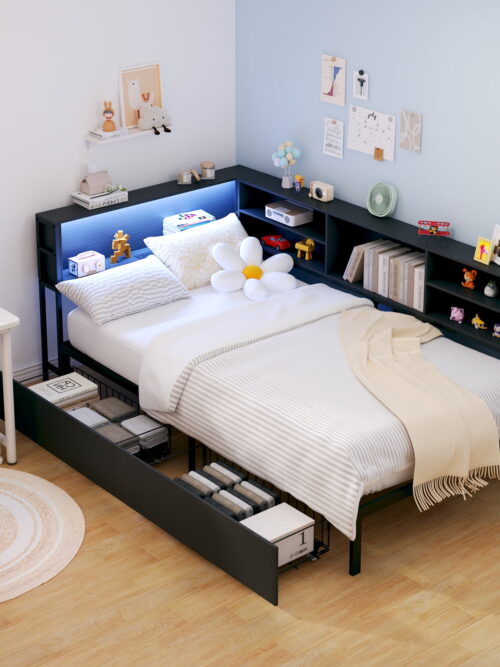 Miniyam Twin Size Bed with Storage, Bookcase, LED Lights and Drawers for Teens, Black