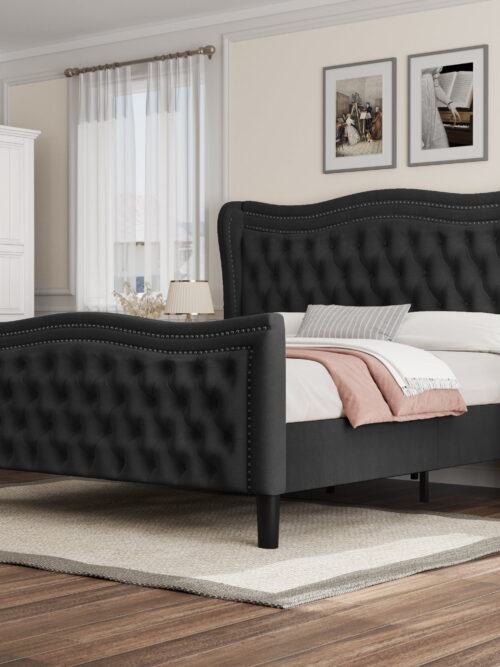 Miniyam Velvet Queen Size Bed with Button-Tufted Wingback Headboard for Adult, Black