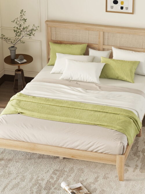 Miniyam Wood Queen Size Bed with with Rattan Headboard for Adult, Brown
