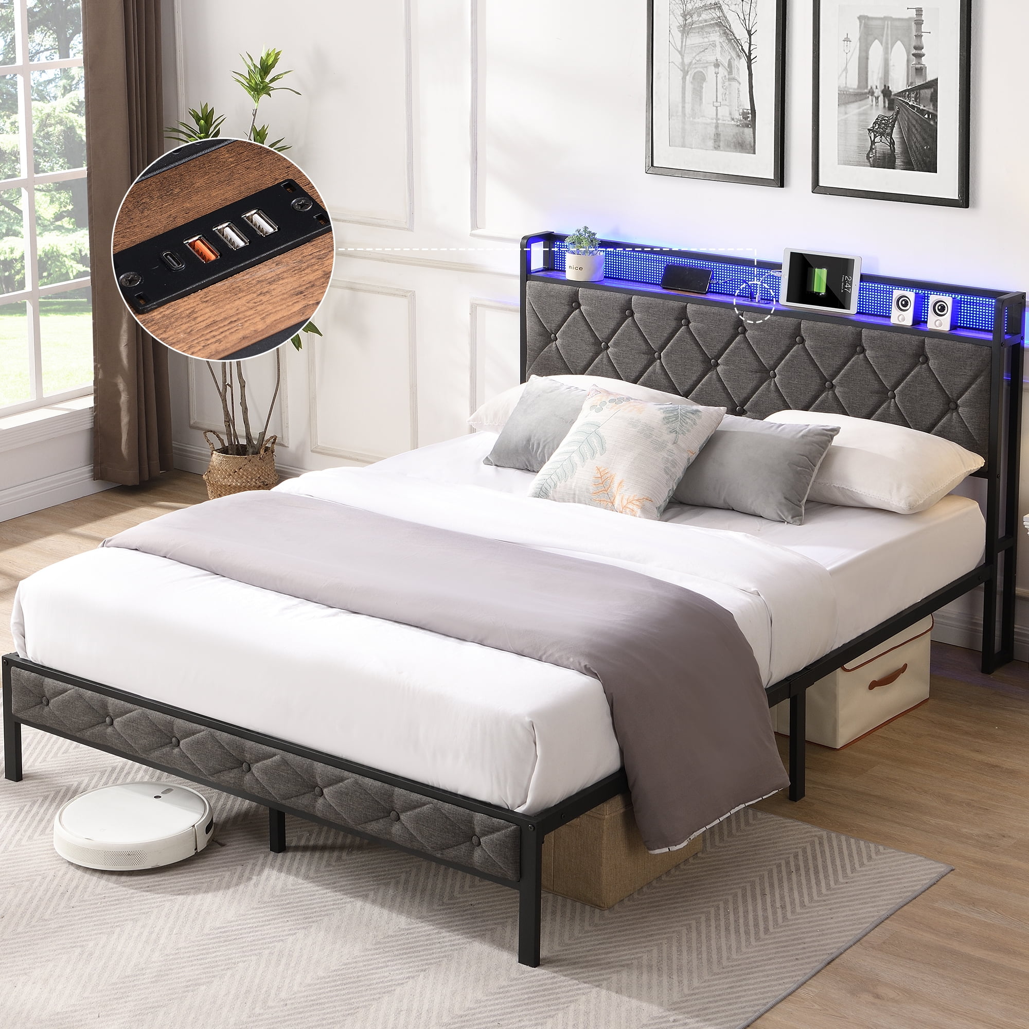 Full Size Upholstered Platform Bed with Storage Headboard & Charging Station & LED Lights,Noise Free,Full