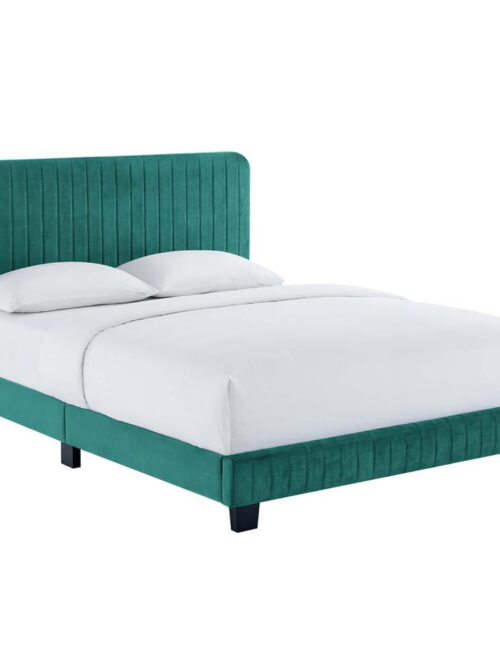 Modway Celine Channel Tufted Performance Velvet King Platform Bed in Teal