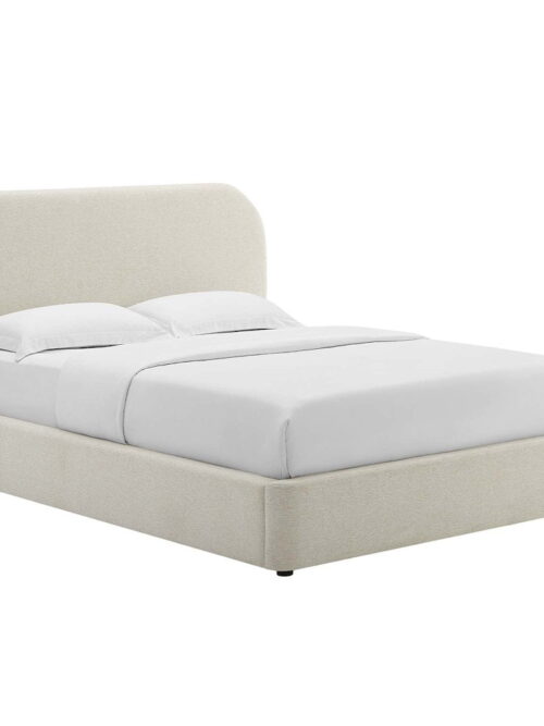 Keynote Upholstered Fabric Curved Queen Platform Bed in Heathered Weave Ivory