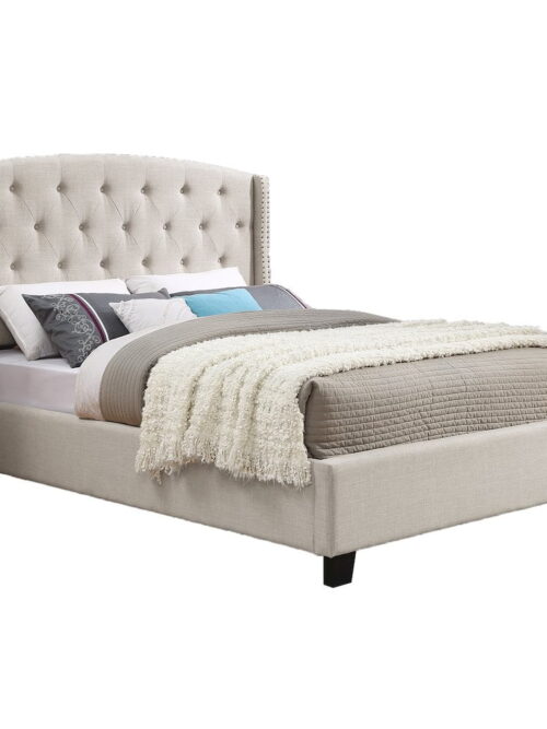 Nantarre Fabric Tufted Wingback Upholstered Bed with Nailhead Trim,Tan