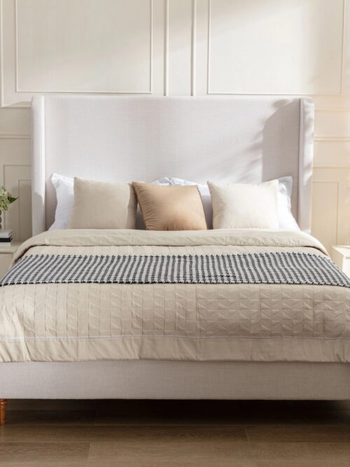 Noble House Hayden Queen Upholstered Bed Frame, 54" Tall Chenille Headboard with Curved Wingback, Ivory