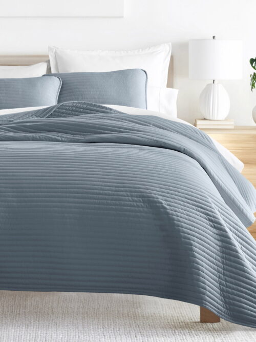 Noble Linens 3 Piece Dusk Blue Stripe Stitch Quilt Set, Queen / Full