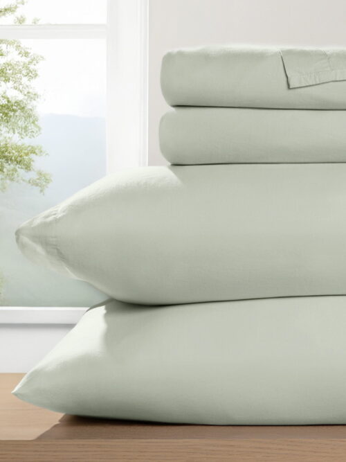 Noble Linens 4 Piece 100% Cotton Percale Sheet Set in Green Haze, Queen