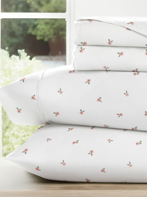 Noble Linens 4 Piece Ditsy Pattern Microfiber Bed Sheets, Pink Floral, Queen