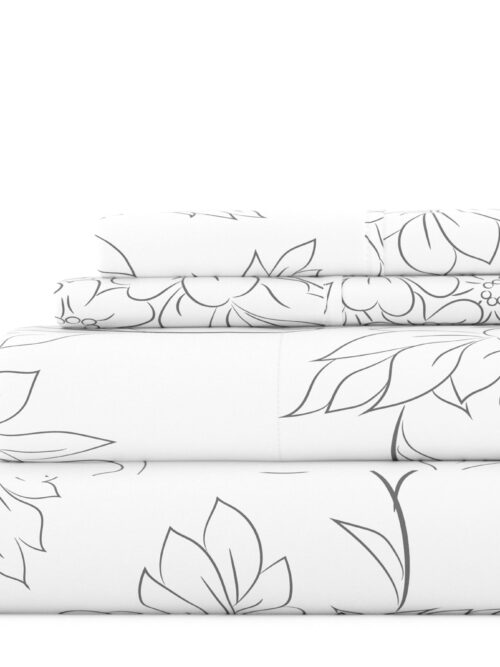 Noble Linens 4 Piece Pattern Microfiber Bed Sheets Set, Gray Vine, Queen