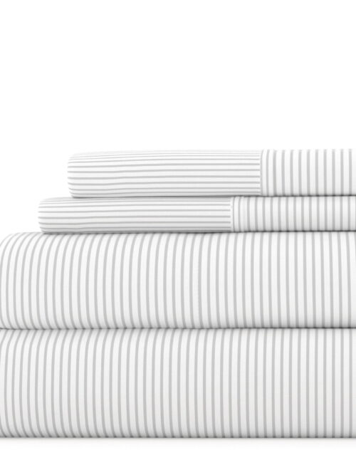 Noble Linens 4 Piece Pattern Microfiber Bed Sheets Set, Light Gray Pinstriped, Queen