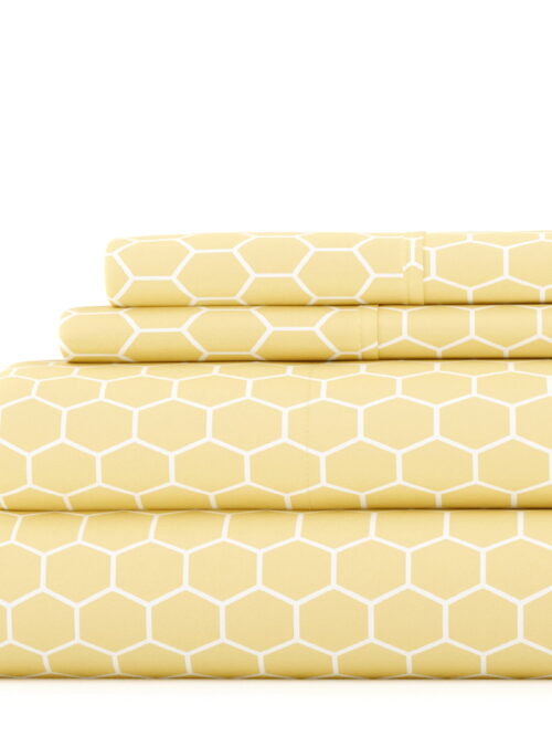 Noble Linens 4 Piece Pattern Microfiber Bed Sheets Set, Yellow Honeycomb, King