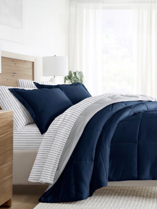 Noble Linens 7 Piece Bedding Bundle, Reversible Comforter and Patterned Sheet Set, Queen