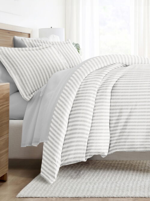 Noble Linens 8 Piece Patterned Duvet Bedding Bundle, Puffed Rugged Stripes Light Gray, Queen