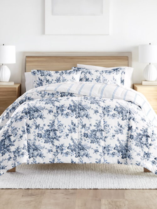 Noble Linens Down Alternative Cabbage Rose Stripe Stone Reversible Comforter Set