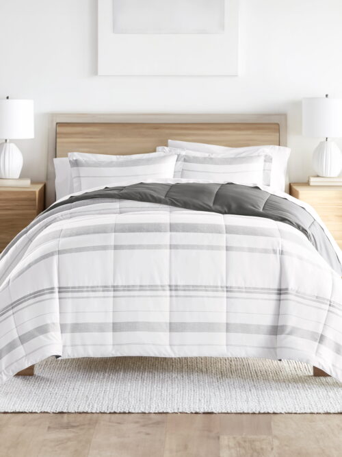 Noble Linens Down Alternative Stitched Stripe Gray Reversible Comforter Set
