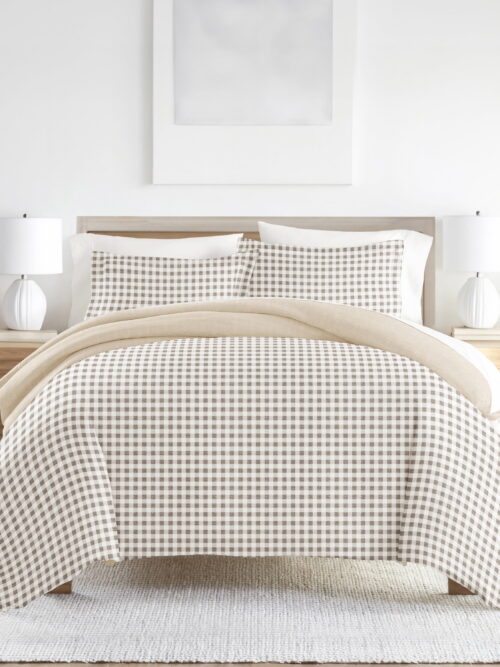 Noble Linens Gingham Check Natural 3-Piece Patterned Duvet Cover Set, Queen