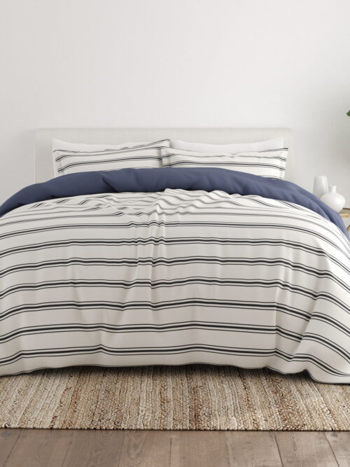 Noble Linens Navy Desert Stripe Reversible 3-Piece Duvet Cover Set, King/Cal King