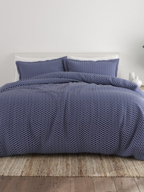 Noble Linens Navy Quatrefoil Pattern Duvet Set 3-Piece Duvet Cover Set, King/Cal King
