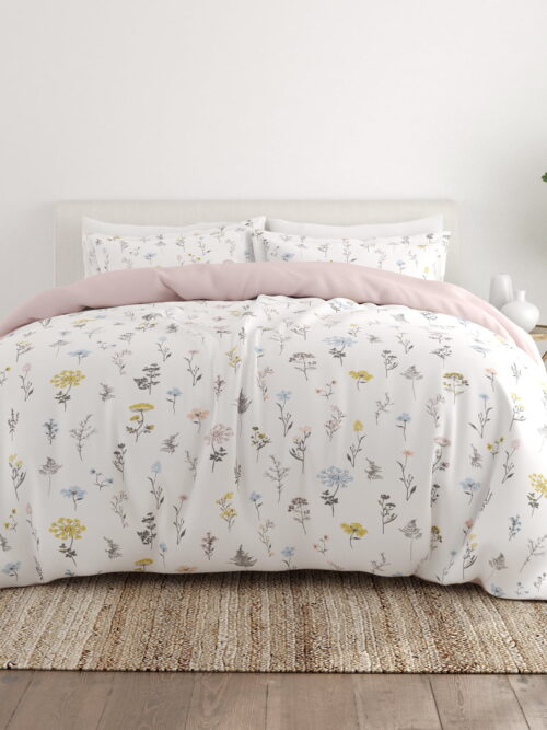 Noble Linens Pink Reversible Wild Flower Print 3-Piece Duvet Cover Set, King/CalKing