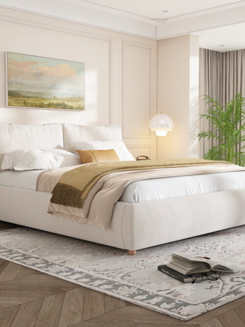 Orion Modern Queen Upholstered Platform Bed, Boucle Headboard with Removable Pillows, White