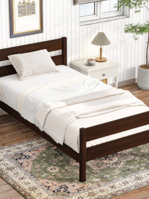 PORKISS Twin Size Bed Frame for Kids, Wood Bed Frame with Headboard/Footboard for Teens Boys Girls, No Box Spring Needed, Espresso #2