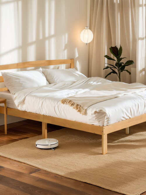 Queen Wood Bed Frame with Headboard, Solid Wood Platform, Quiet & Stable, No Box Spring, Natural