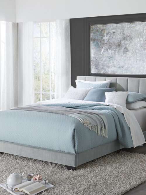 Reece Channel Stitched Upholstered Queen Bed, Platinum, by Hillsdale Living Essentials