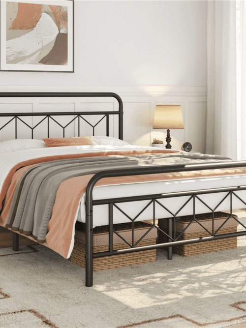 Renwick Vintage Metal Platform Queen Bed, All Ages, Black