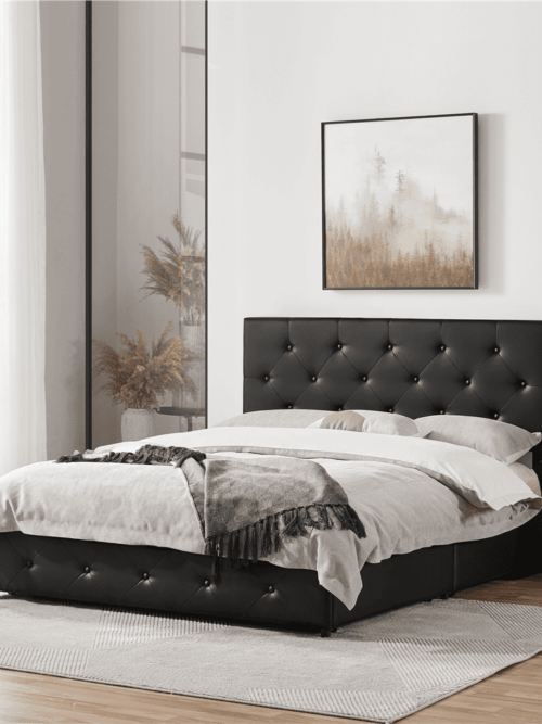 Renwick Diamond Button-Tufted Upholstered Platform Bed with Storage, Adult, Black, Queen