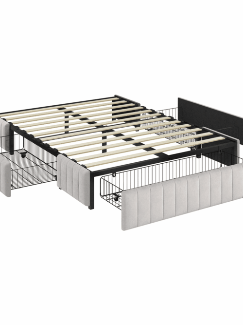 Renwick Full Size Upholstered Bed Frame with 4 Storage Drawers for Adult, Beige