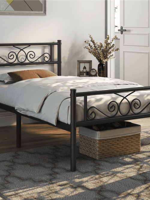 Renwick Modern Scroll Metal Platform Bed for Adult, Black, Twin XL