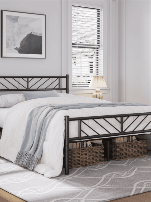 Renwick Justice Queen Size Metal Platform Bed with Arrow Design, Adult, Black