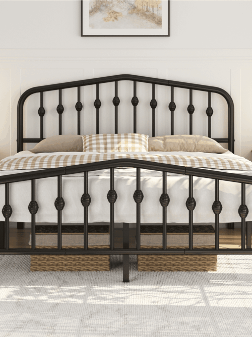 Renwick Modern Metal Platform Bed with Arched Headboard and Footboard, Adult,Queen, Black