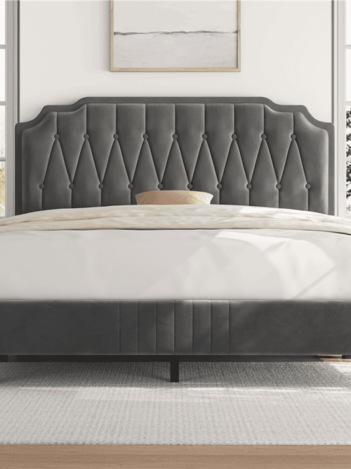 Renwick Upholstered Platform Queen Bed with Adjustable Headboard, Dark Gray