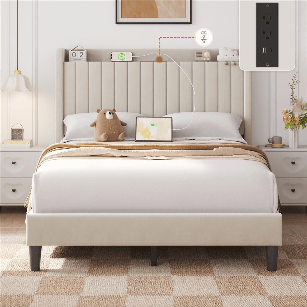 Renwick Velvet Bed Frame with Charging Outlets and USB Ports and Storage Headboard, Adult, Full, Beige