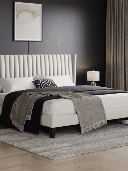 Renwick Wingback Upholstered Platform Bed Frame, King, Ivory