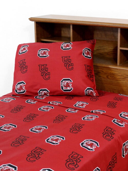 South Carolina Gamecocks 100% cotton, 4 piece sheet set - flat sheet, fitted sheet, 2 pillow cases, Queen, Team Colors