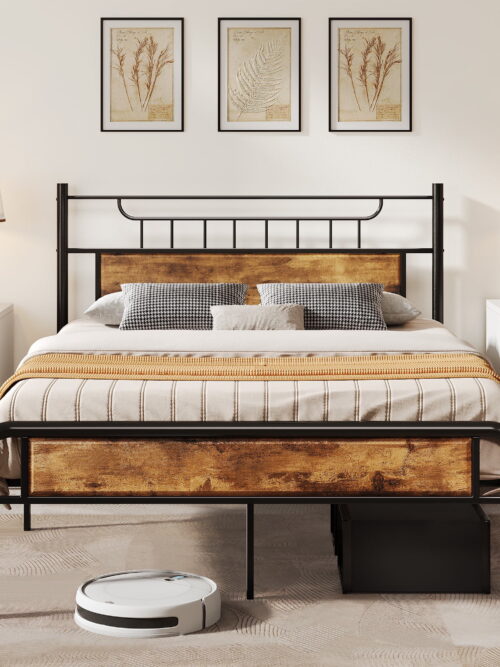 Uforic Farmhouse Queen Metal Platform Bed Frame with Headboard & Soundproof Cotton, Black