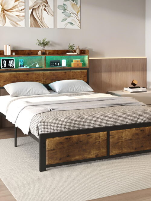 Uforic Full Size Bed Frame, LED Bed Frame with Storage Headboard, Platform Bed with Outlet & USB Ports, Easy Assembly, Rustic Brown