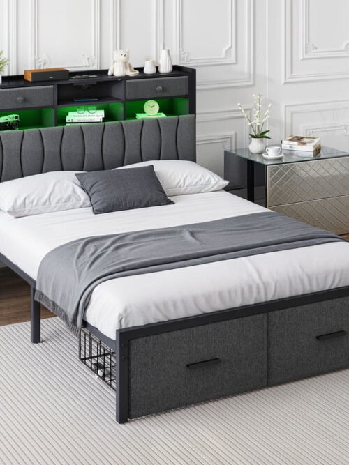 Uforic Full Upholstered Bed Frame with Charging Station, LED Platform Bed with Storage Drawers, Gray