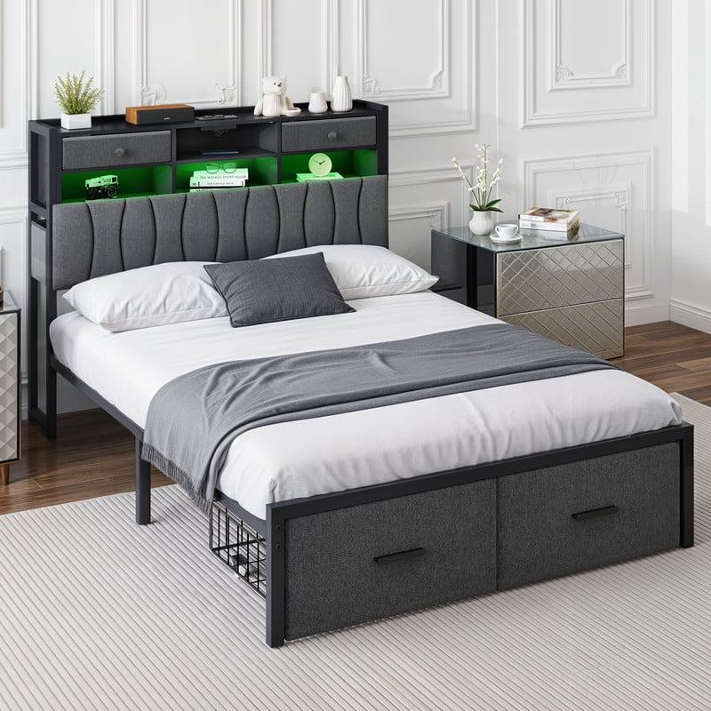 Uforic Full Upholstered Bed Frame with Charging Station, LED Platform Bed with Storage Drawers, Gray
