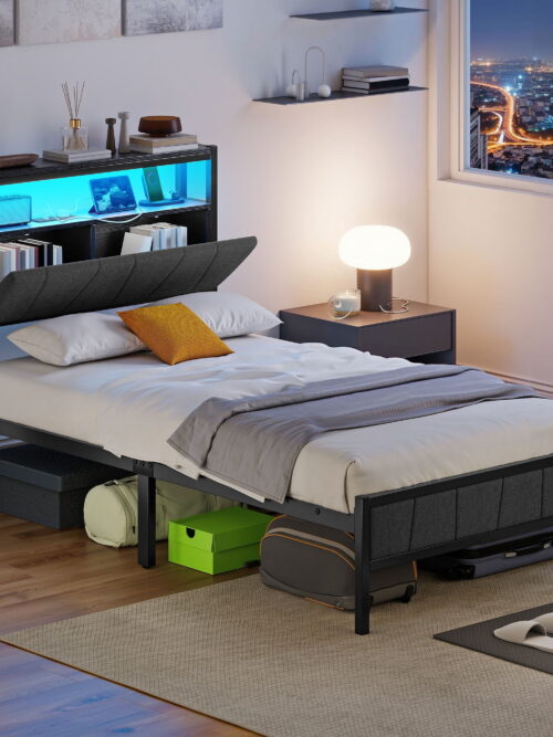 Uforic Twin Bed Frame with LED Lights, Power Hub, and Storage Headboard, No Box Spring Needed, Gray