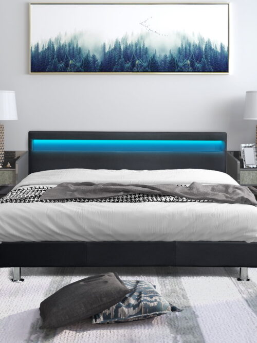 Walsport Full Size Platform Bed Upholstered Bed Frame Bedroom LED Light Headboard with Color Changing LED Light Slats Bed(Black)