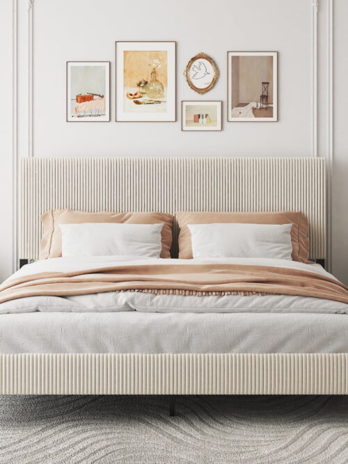 Yoneston King Size Bed Frame with Bandaged Upholstered Headboard for Adults Bedroom No Box Spring Required Easy to Assembly, Beige